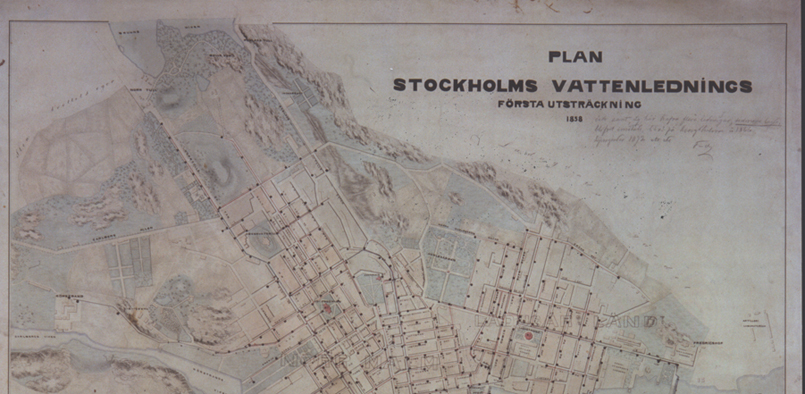 Den äldsta kända planen över Stockholms vattenledningsnät, från 1858 (beskuren).