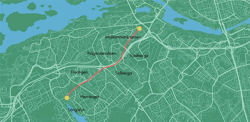 Grön karta som visar ledningssträckan mellan Långsjön och Tellusborgsvägen i Midsommarkransen.