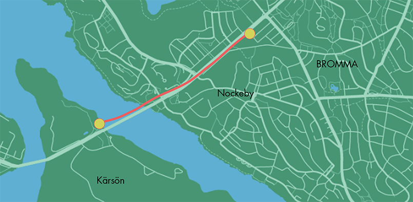 Karta som visar Kärsön och västra Bromma. Ett rött streck är draget från Kärsön via Drottningholmsvägen till Gurlitavägen.